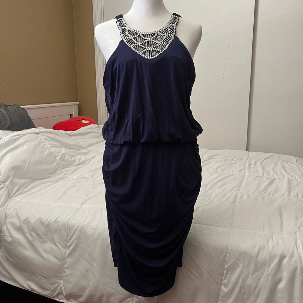 VENUS Blue Embellished Halter Midi Dress
